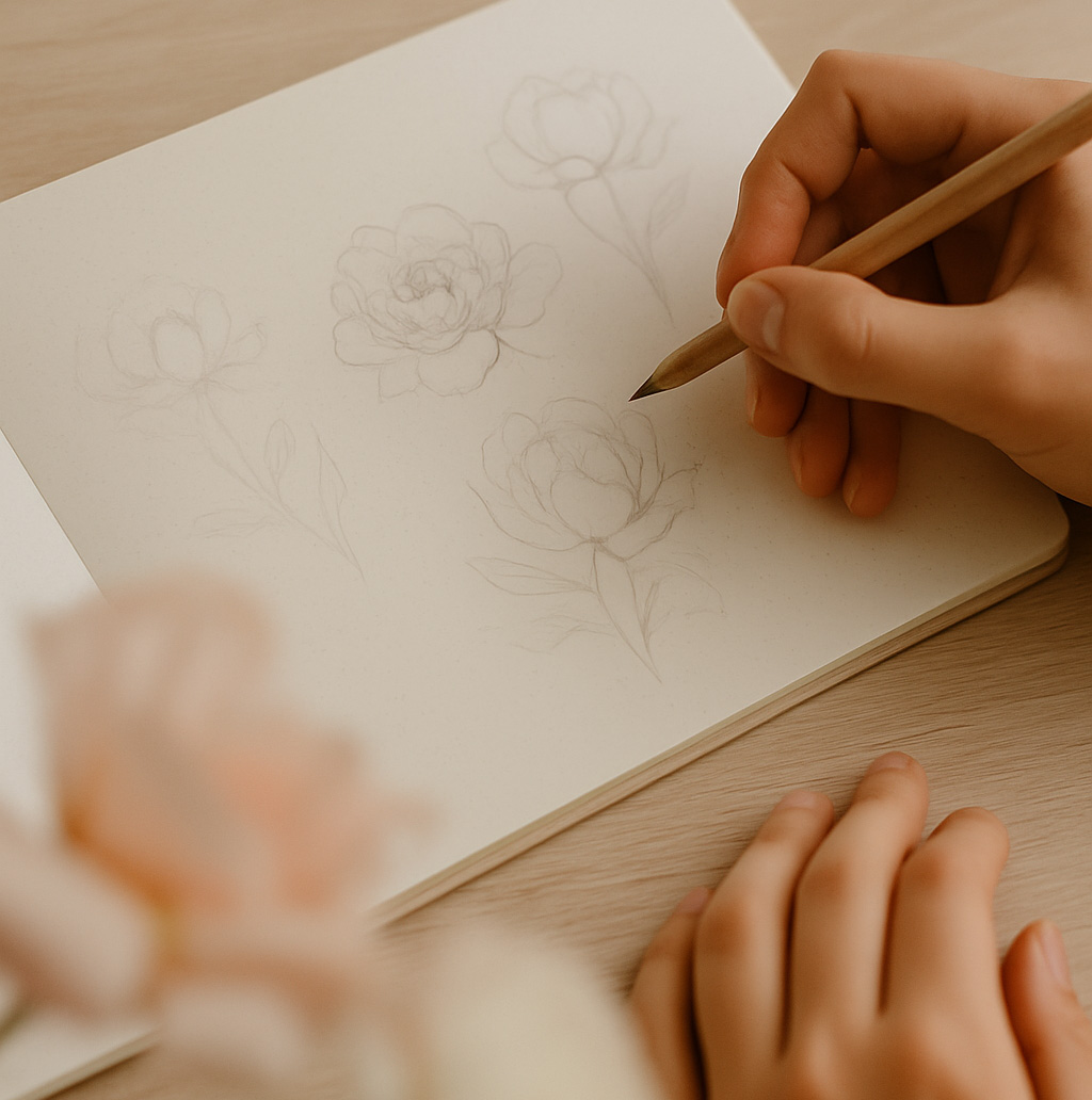 Photorealistic, creative table-level view of hands sketching unfinished peony and rose illustrations in a dotted notebook on a light wooden desk, with blurred flowers in the foreground. Bespoke wedding invitation design process at Maison du Mau.