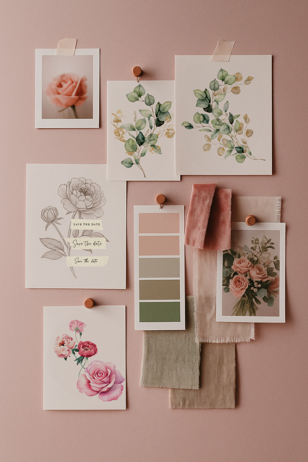 Luxury wedding invitation by Maison du Mau with floral illustration, finished with a blush silk ribbon. Close-up of hands styling bespoke wedding stationery on linen fabric.