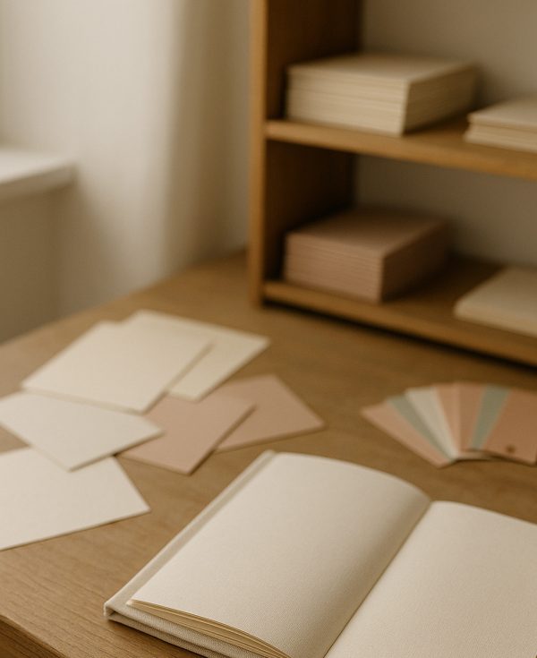 maison-du-mau-stationery-sketchbook-paper-swatches A photorealistic scene from the Maison du Mau studio, showing an open textured sketchbook on a wooden desk, surrounded by soft pastel paper swatches and natural light, evoking a calm and tactile design process.