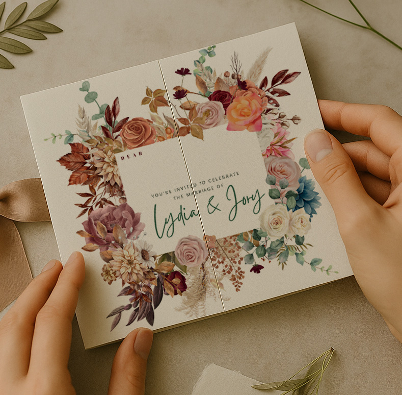 Hands holding a square gatefold wedding invitation from the Wild Romance collection by Maison du Mau, featuring lush botanical artwork and a silk ribbon, styled on marble. Romantic, handcrafted wedding stationery.